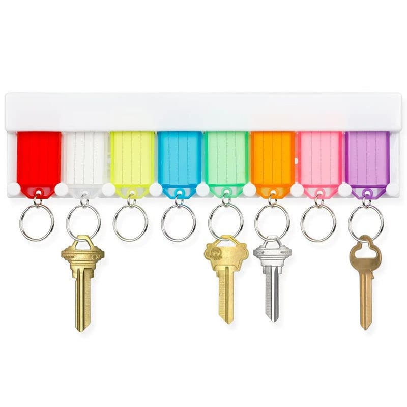 Uniclife Key Tag Rack Slot Style Plastic Wall Mounted Key Holder Organizer with Transparent Tough Key Tag Identifiers Markers in 8 Assorted Colors - Image 1